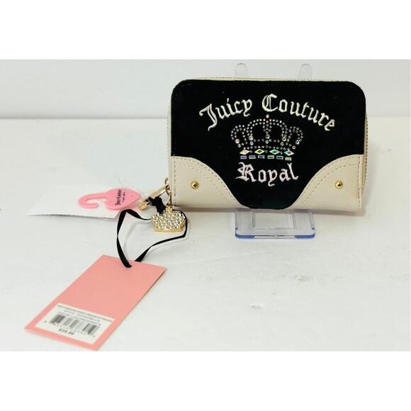 Juicy Couture Royal Wallet Black Velour Double Zip Around Crown Charm NWT - Picture 1 of 3